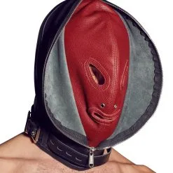 Zado Leather Fashion Dubbel Leder Zwart & Rood Bondagemasker met Rits Voor De Ultieme Leer Fetisj Ervaring.
