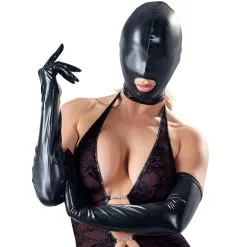 MAE-Wear Zwart Stretch Wetlook Masker Met Mondopening En Ritssluiting Achter